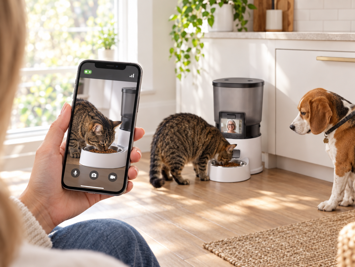 Direct du PawBowl sur smartphone, chat et chien autour du distributeur
