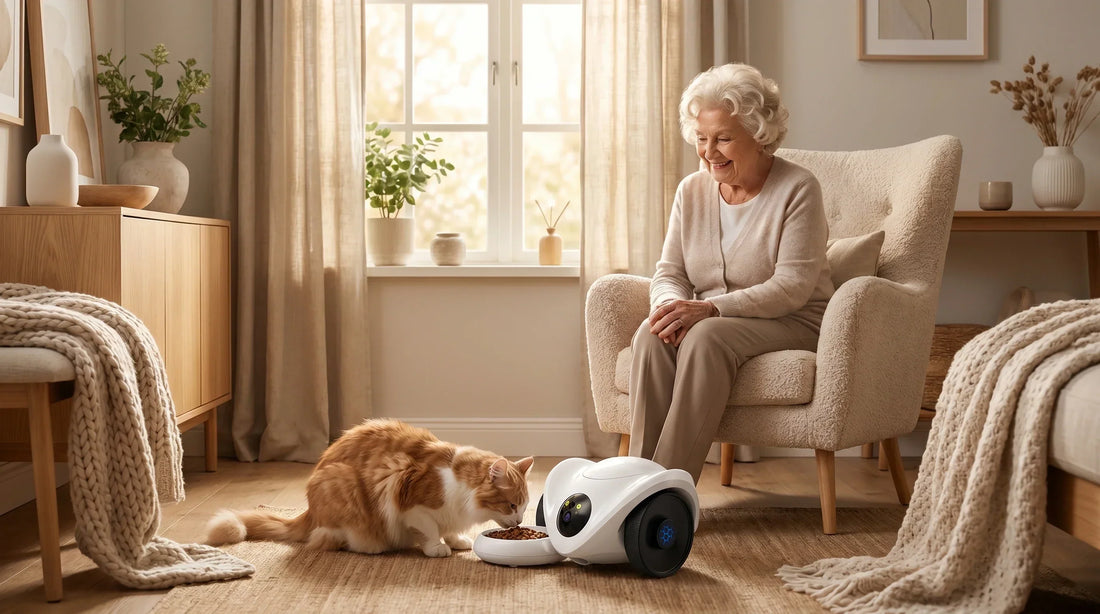 Personne âgée avec son chat et la PawCam Feeder, caméra robot – PetOrigine
