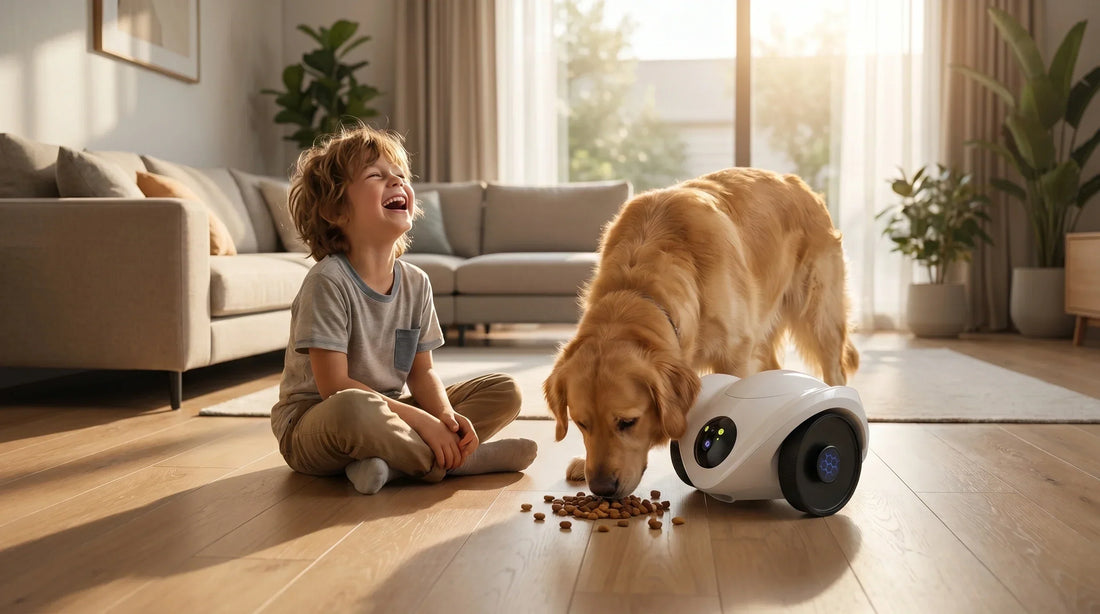 Enfant avec son chien et la PawCam Feeder, caméra robot – PetOrigine