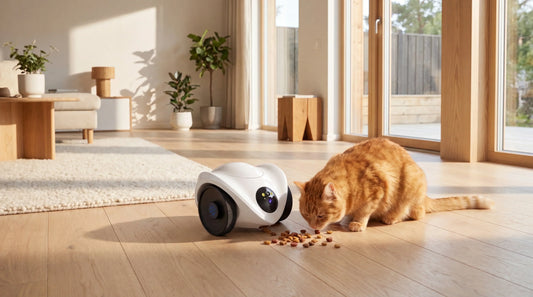Chat devant la PawCam Feeder, caméra robot avec friandises – PetOrigine