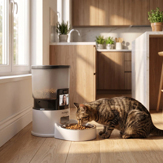 Chat mangeant ses croquettes dans la gamelle en inox du distributeur PawBowl