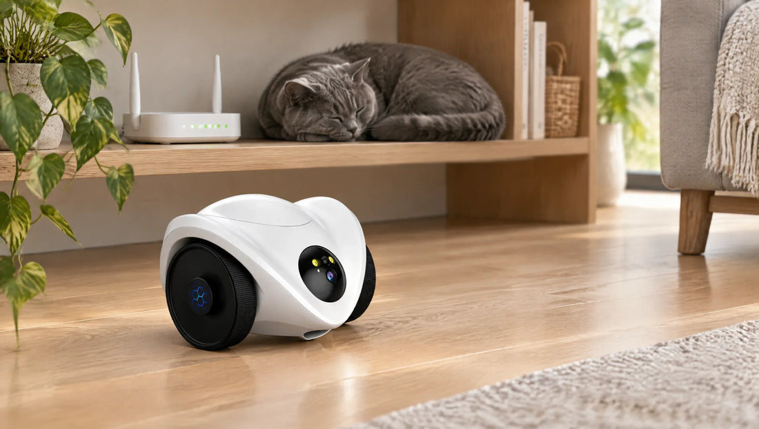 Caméra pour animaux PawCam Feeder dans un salon, chat endormi à côté de la box wifi