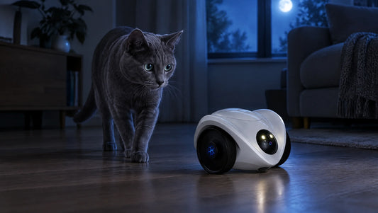 Graue Katze nachts wach im mondbeschienenen Wohnzimmer, beobachtet von der PawCam Feeder