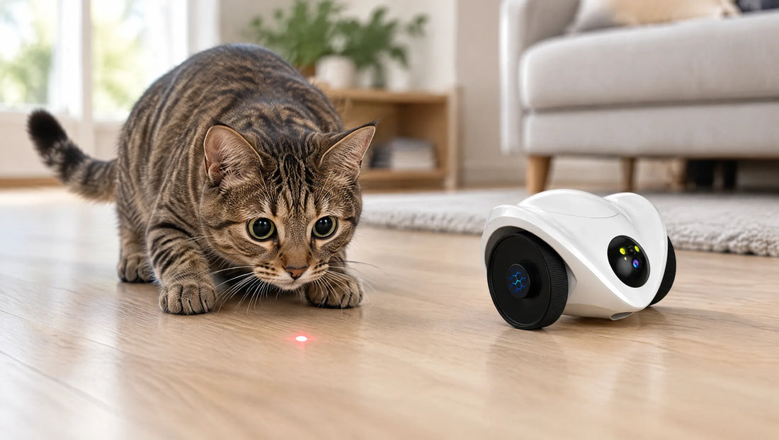 Chat tigré en position de chasse devant un point laser rouge, jeu au laser sans frustration