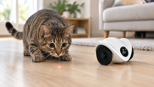 Getigerte Katze in Jagdhaltung vor einem roten Laserpunkt, Laserspiel ohne Frust