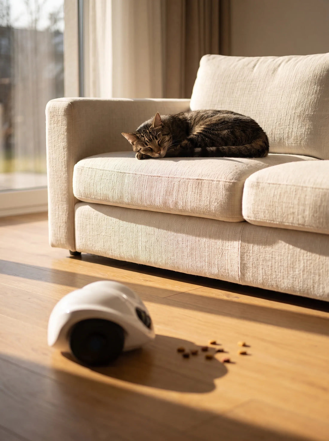 Chat endormi seul sur un canapé en pleine journée, scène typique observée avec une caméra chat