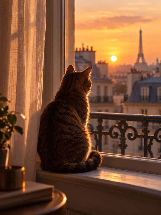 Katze sitzt bei Sonnenuntergang im Gegenlicht auf der Fensterbank