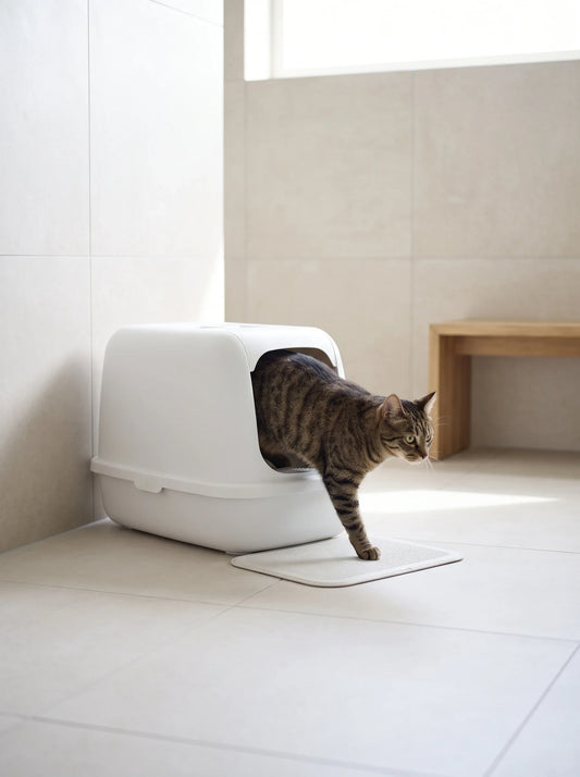 Chat sortant de sa litière dans une salle de bain propre, santé urinaire du chat