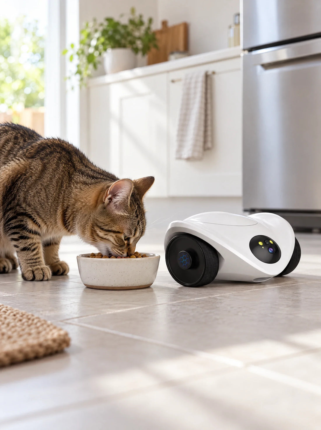Katze frisst aus ihrem Napf, Futterautomat für Trockenfutter