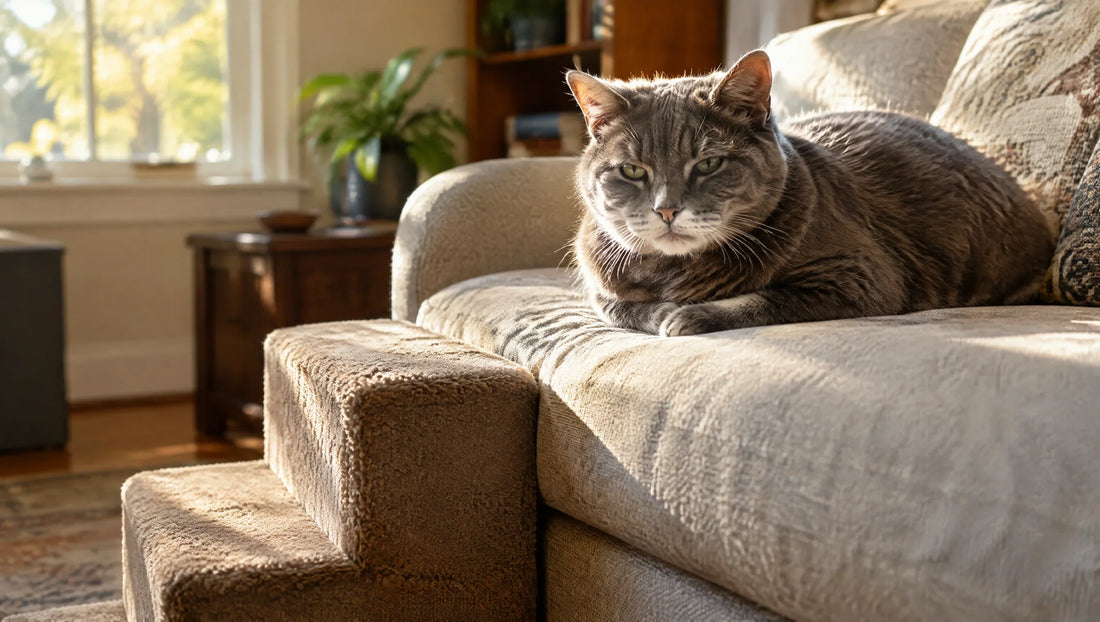 Chat âgé au museau grisonnant se reposant au soleil, une marche pour l'aider à monter sur le canapé