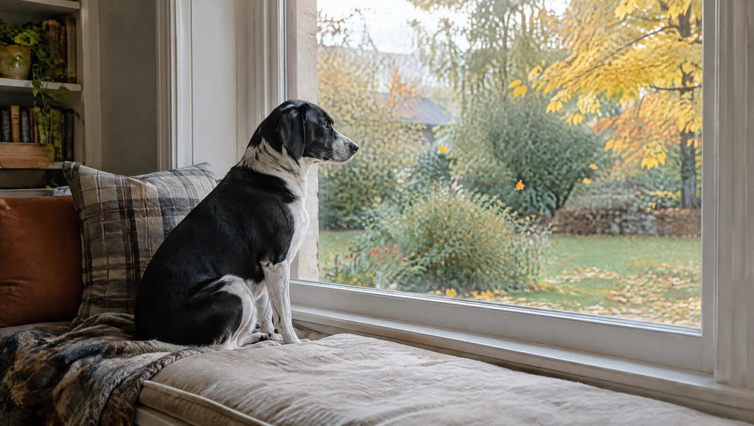 Hund, der seit Ende der Sommerferien allein zu Hause ist, sitzt am Fenster vor Herbstlaub
