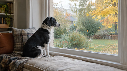 Hund, der seit Ende der Sommerferien allein zu Hause ist, sitzt am Fenster vor Herbstlaub