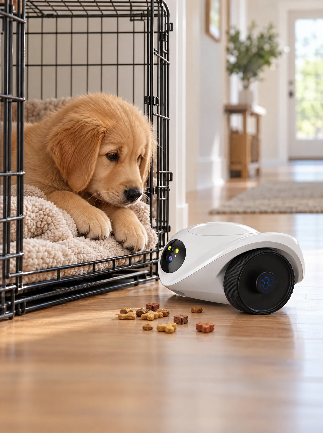 Golden-Retriever-Welpe ruht in einer offenen Hundebox mit Decke, Alleinbleiben lernen