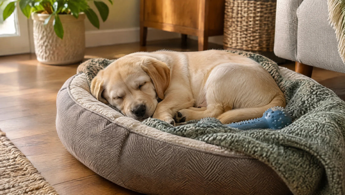Chiot labrador endormi dans son panier avec un jouet à mâcher, premières semaines à la maison