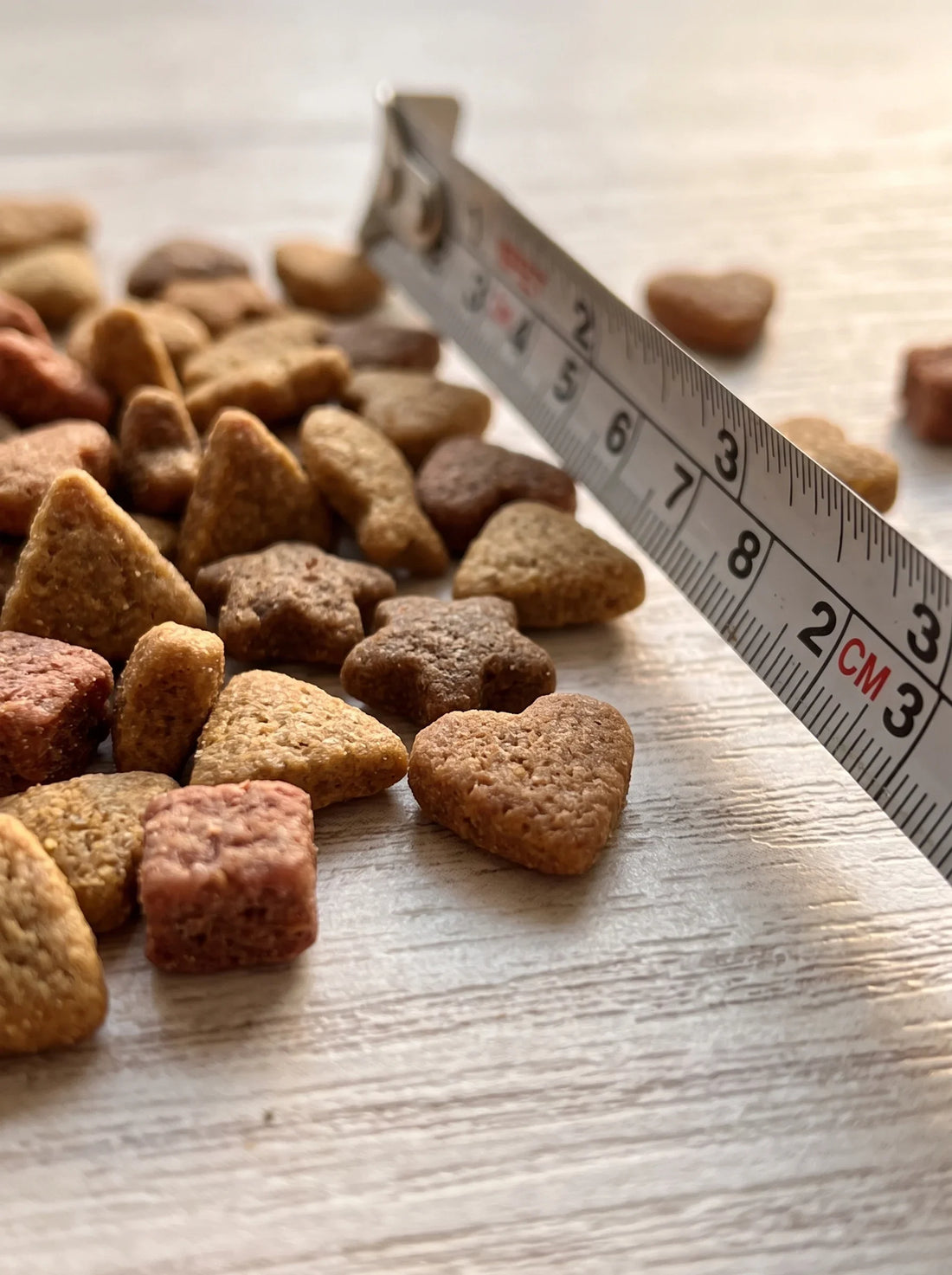 Croquettes pour chat mesurées à côté d'un mètre ruban