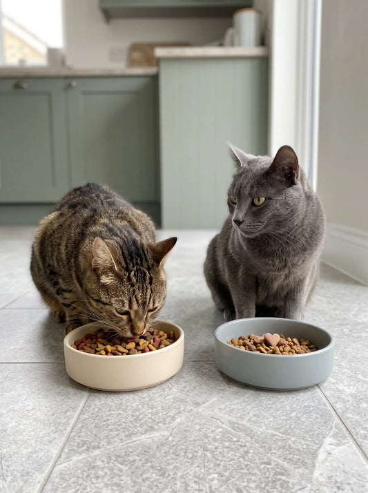 Deux chats mangeant côte à côte dans des gamelles séparées, l'un lorgnant la ration de l'autre