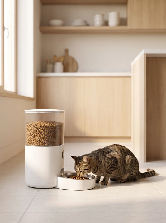 Distributeur automatique de croquettes pour chat posé dans une cuisine, chat mangeant sa portion
