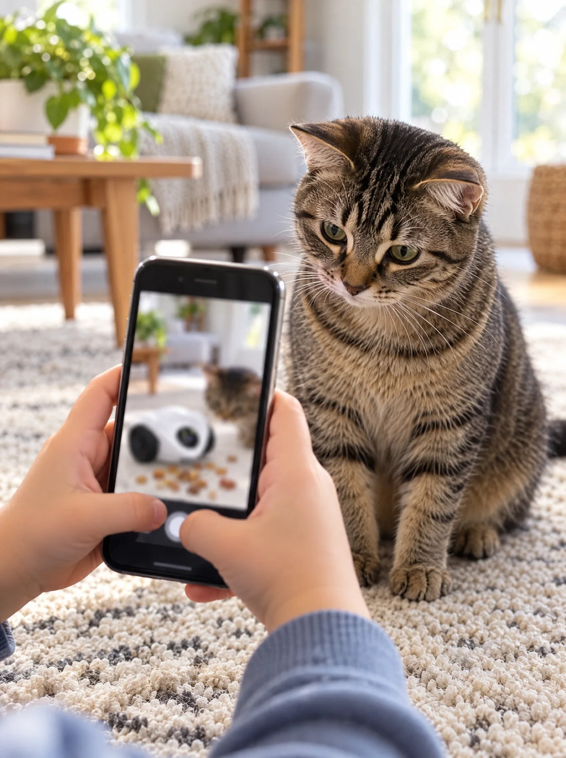 Enfant regardant son chat sur son téléphone grâce à une caméra pour animaux