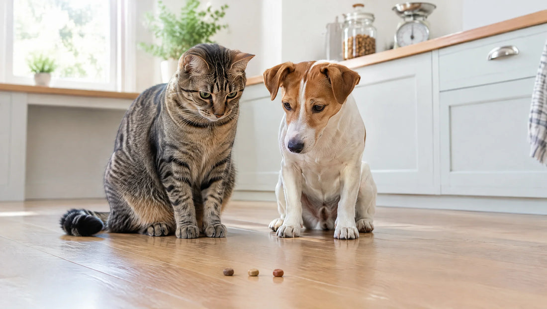 Chat tigré et Jack Russell devant trois petites friandises, la bonne portion par jour