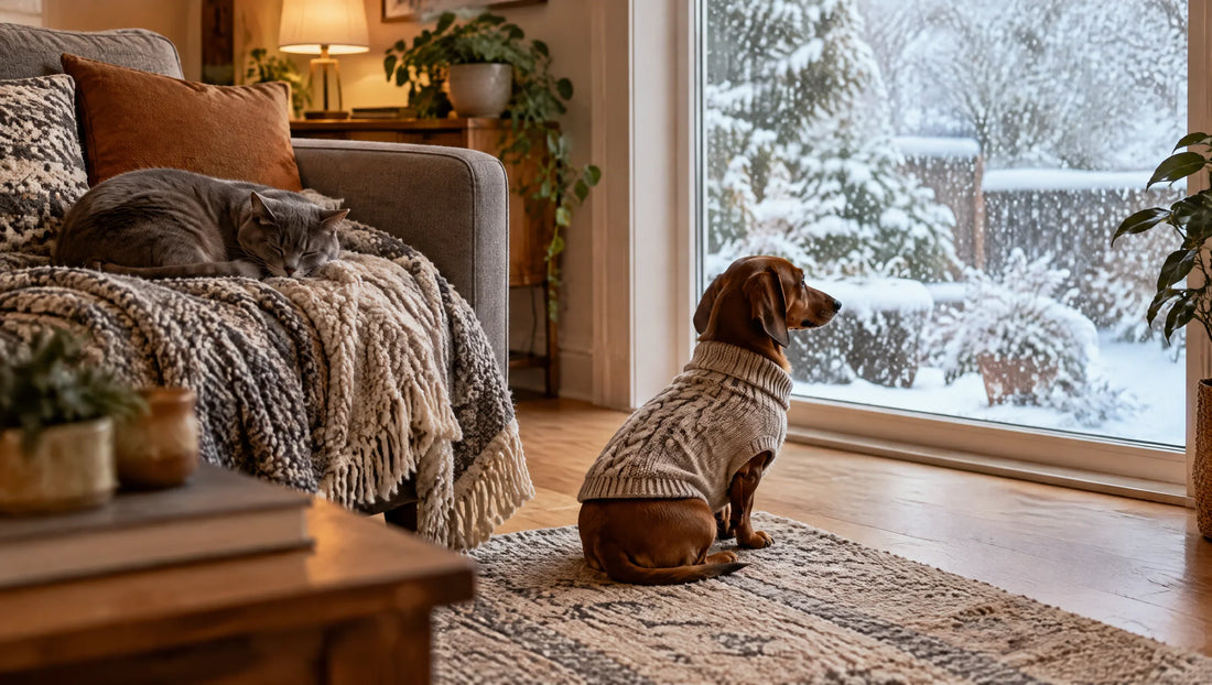 Teckel en pull devant la fenêtre enneigée et chat endormi sur le canapé en hiver