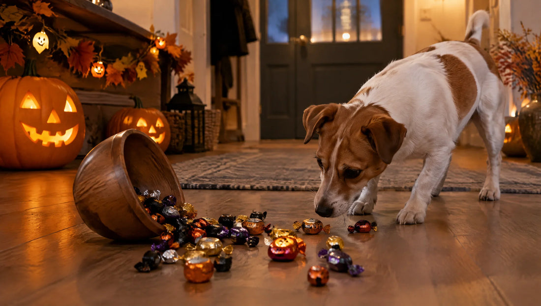 Hund schnuppert an verstreuter Halloween-Schokolade auf dem Boden, Gefahr für den Hund