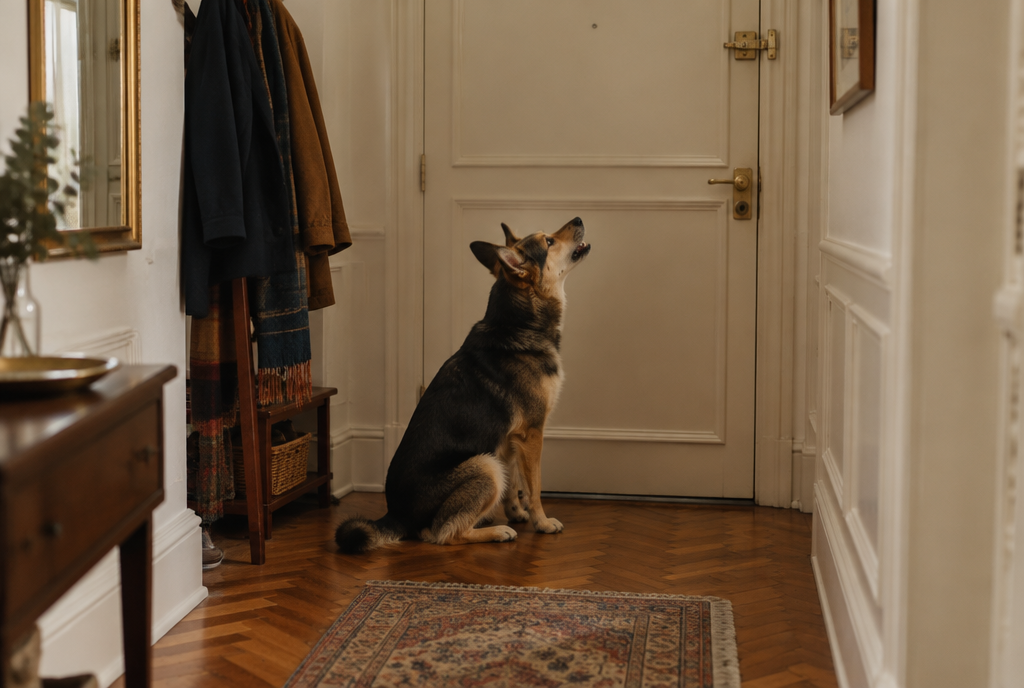Chien assis seul devant la porte d'entrée d'un appartement, en train d'aboyer