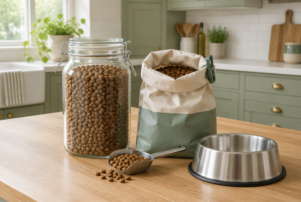 Bocal hermétique de croquettes, sac de croquettes fermé par une pince, doseur et gamelle inox sur un plan de travail