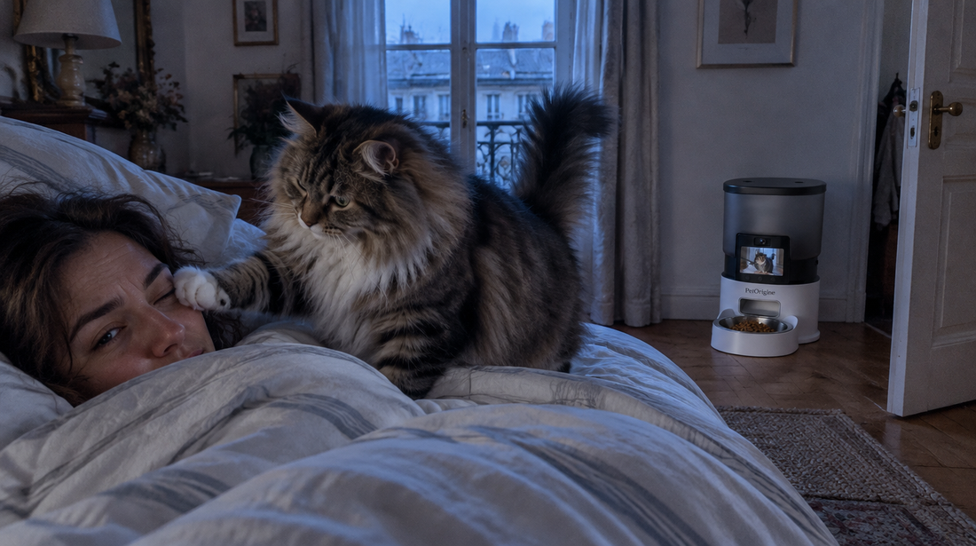 Chat réveillant sa maîtresse à l'aube pour manger, distributeur de croquettes PawBowl dans la chambre