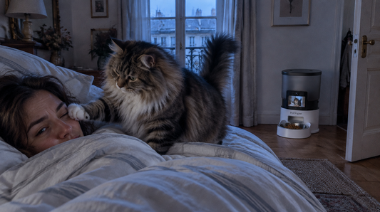 Chat réveillant sa maîtresse à l'aube pour manger, distributeur de croquettes PawBowl dans la chambre