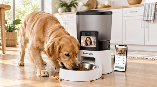 Golden retriever mangeant rapidement ses croquettes dans la gamelle du distributeur PawBowl