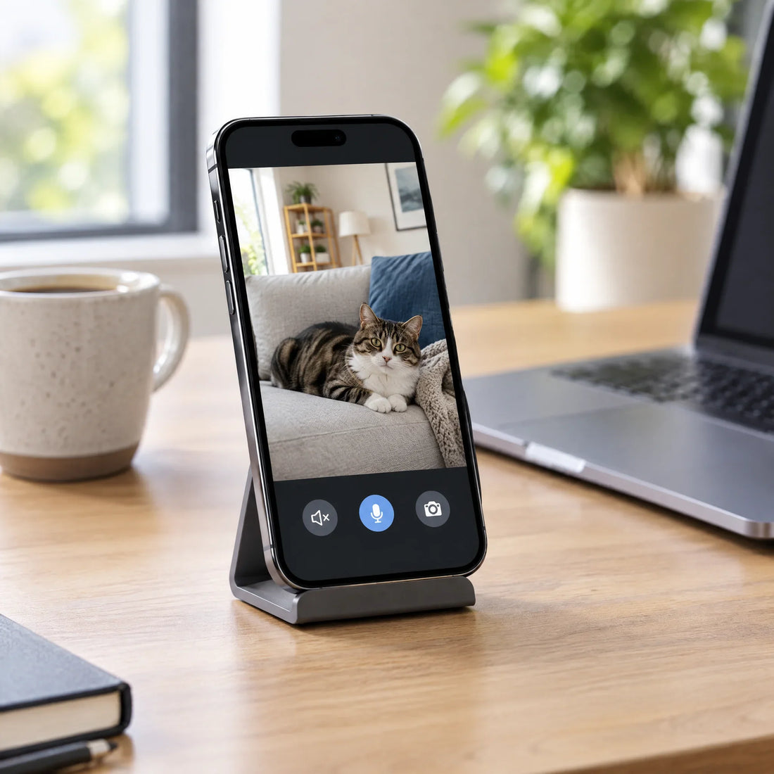 Smartphone posé sur un bureau affichant en direct un chat resté seul à la maison
