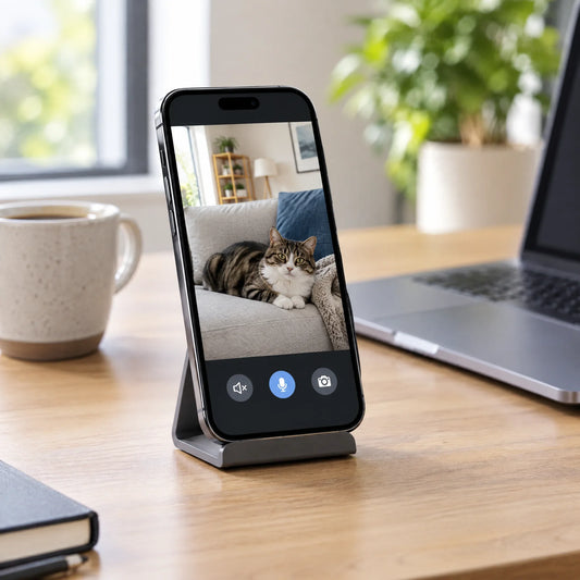 Smartphone auf einem Schreibtisch zeigt live eine Katze, die allein zu Hause ist