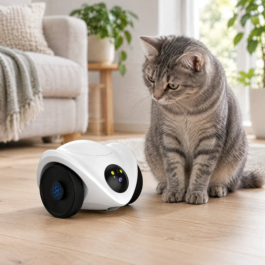 Getigerte Katze allein in einem hellen Wohnzimmer neben der PawCam Feeder