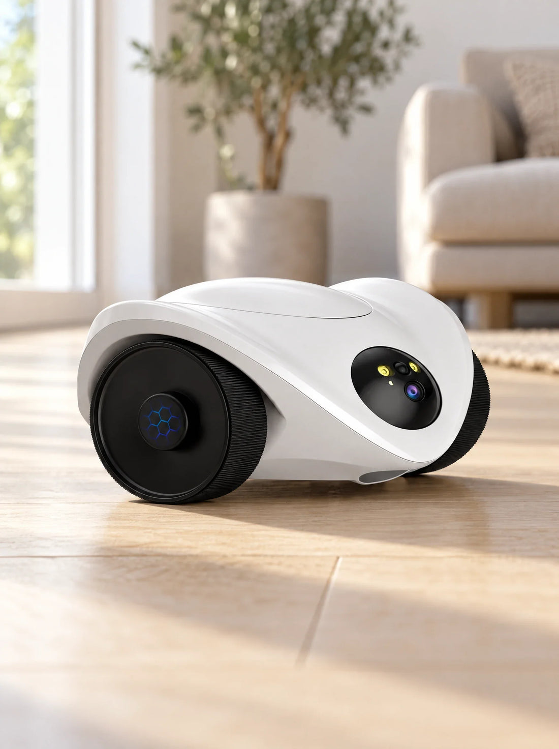 PawCam Feeder de profil, caméra robot mobile pour chat avec distributeur de friandises