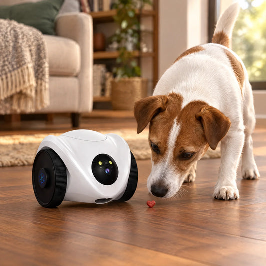 Jack Russell schnuppert an einem Leckerli aus der PawCam Feeder, Hundekamera mit Leckerli-Ausgabe