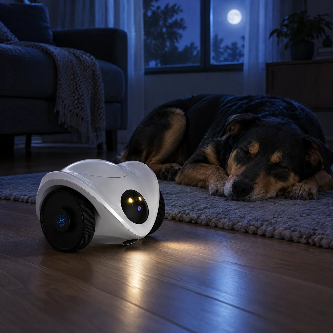 Chien endormi la nuit dans le salon, veillé par la PawCam Feeder