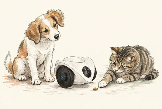 Croquis de la PawCam Feeder entourée d'un chien et d'un chat
