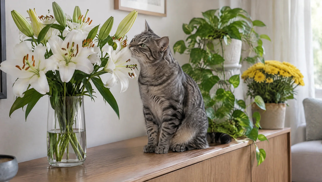 Chat tigré reniflant un bouquet de lys, plante très toxique pour le chat