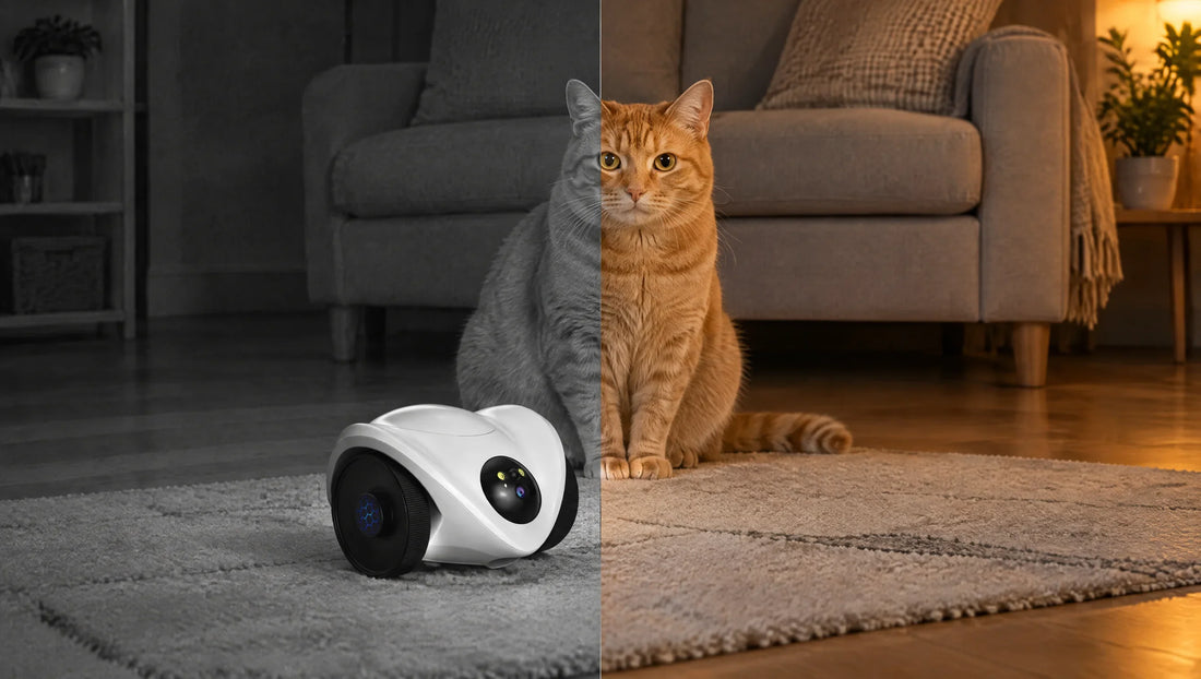 Katze und PawCam Feeder nachts: links Infrarot-Nachtsicht in Schwarz-Weiß, rechts in Farbe