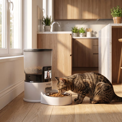 Chat mangeant ses croquettes dans la gamelle en inox du distributeur PawBowl