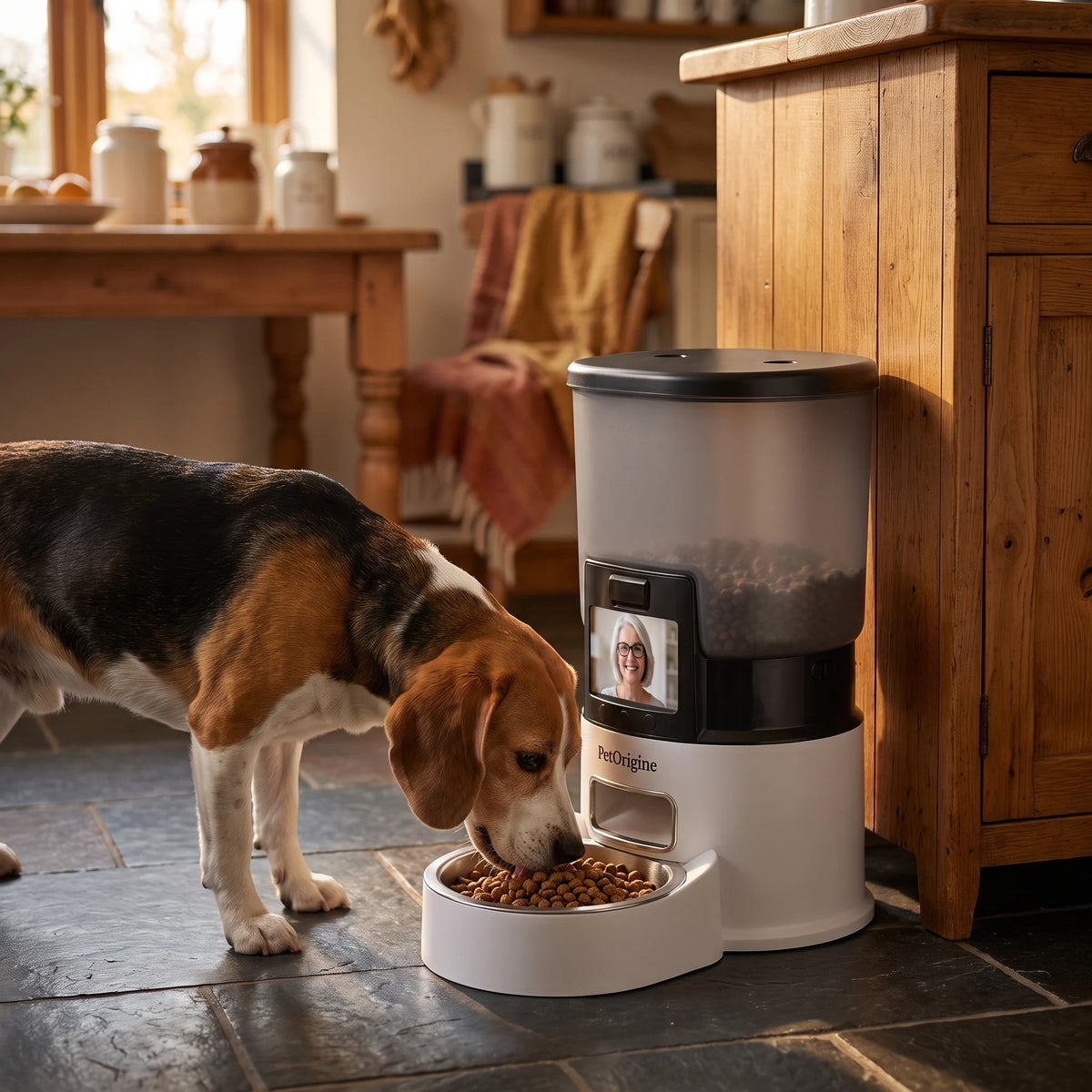 Chien mangeant ses croquettes dans la gamelle du distributeur automatique PawBowl