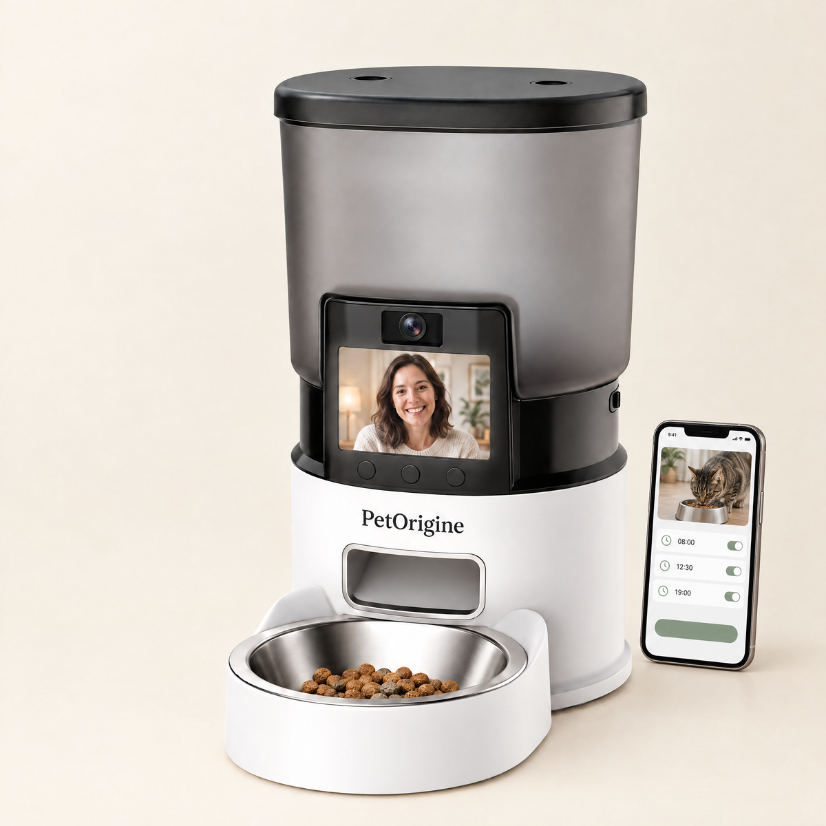 PawBowl, distributeur de croquettes chat et chien avec écran, et son application sur smartphone