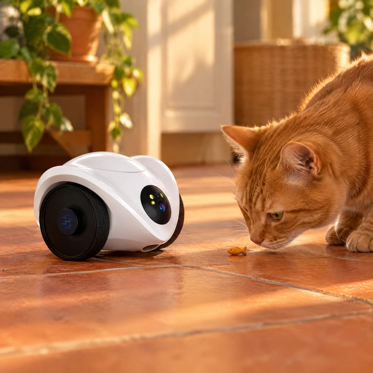 Chat roux reniflant une friandise en forme de poisson devant la PawCam Feeder
