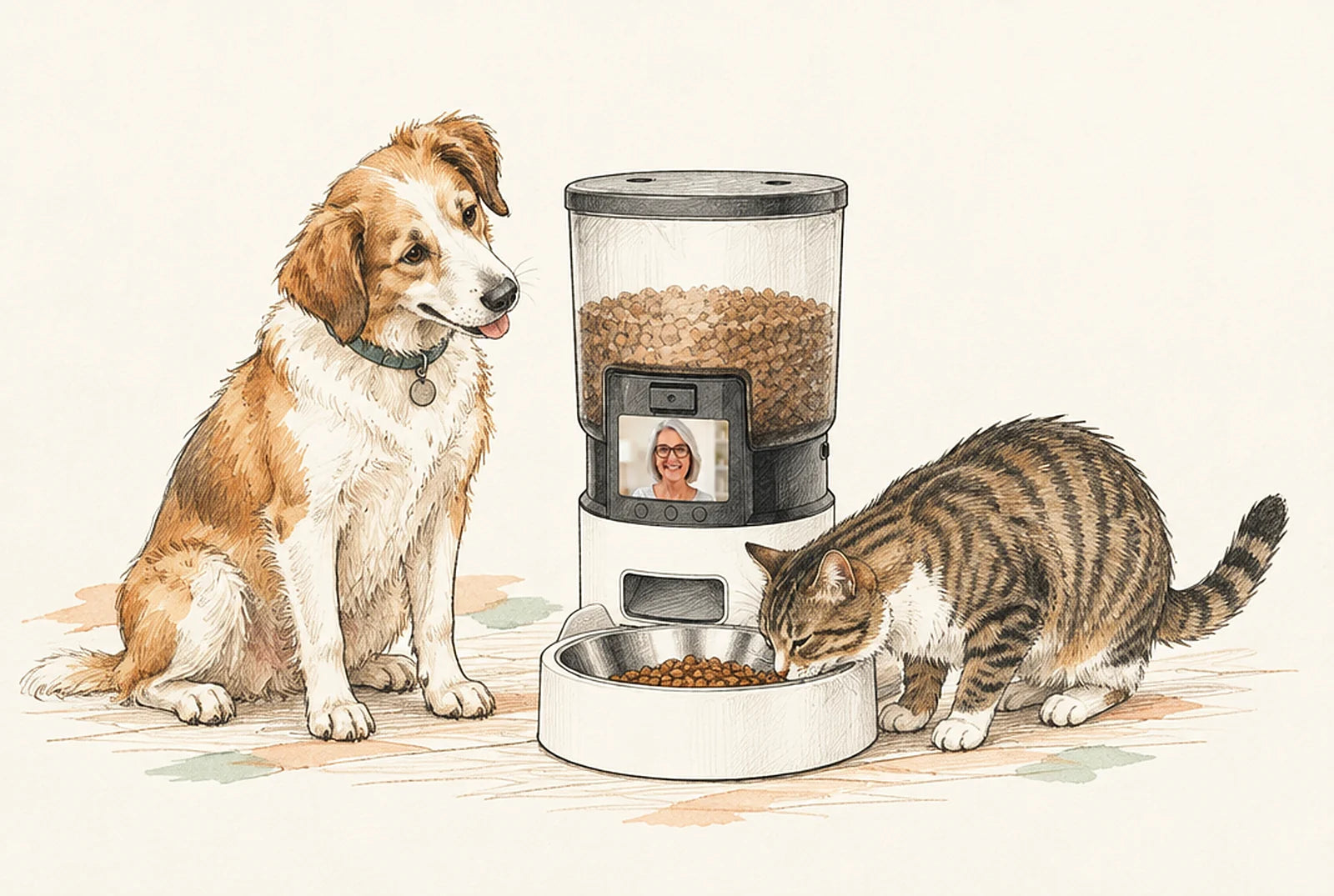 Croquis du PawBowl entouré d'un chien et d'un chat